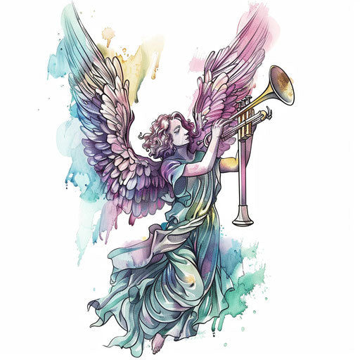Angel Gabriel with spread wings and trumpet, soft and bold colors