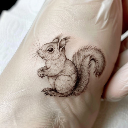 Flat tattoo sketch of a squirrel with minimalist earth tones