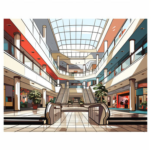 Shopping center drawing in the style of Chiaroscuro Art, on white background