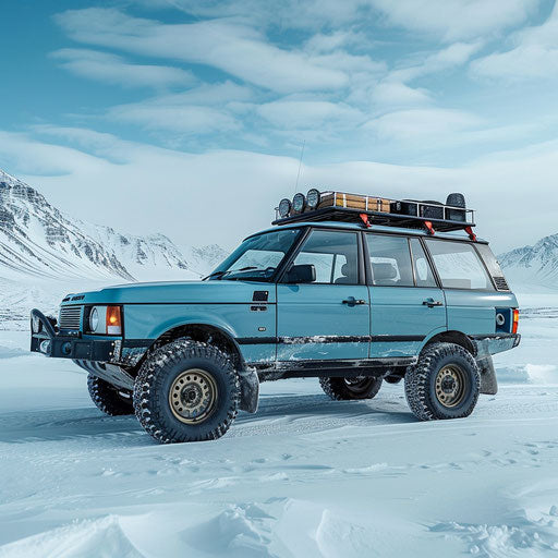 Ice-blue 1995 off-road vehicle in snowy terrain
