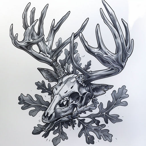Deer skull with oak leaves in tattoo design