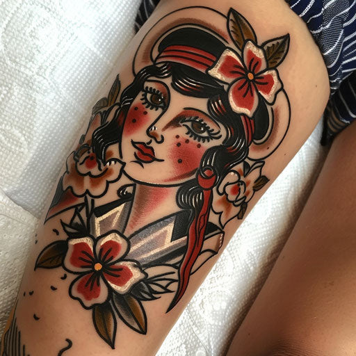 Red tattoos with sailor motifs, in the style of Sailor Jerry