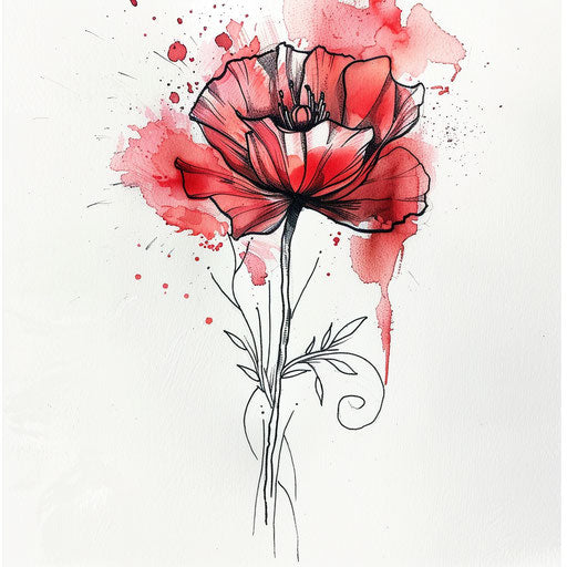 Poppy tattoo with splash of watercolor red, black outline