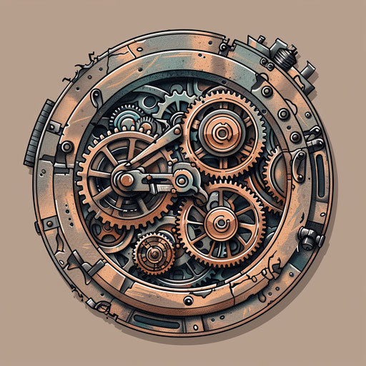 Flat tattoo sketch in industrial clipart style of a gear-driven clockwork with visible mechanics in copper and steel tones