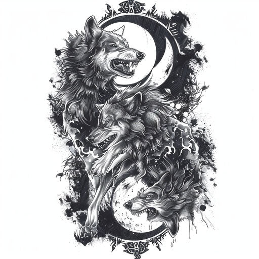 Hunt of the orb by the wolves in the Norse mythology theme