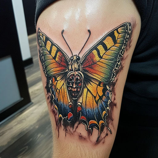 Butterfly horror tattoo on arm, Glenn Fabry style