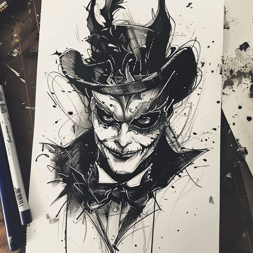 Dynamic sketch of a vampire at a masquerade ball, wearing a mysterious mask