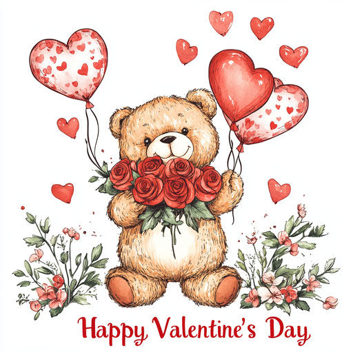 Adorable teddy bear with roses and heart balloons