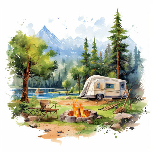 Camping in Oil painting Style on White Background