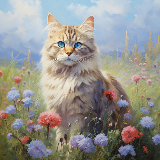 A Siberian cat in a meadow of flowers