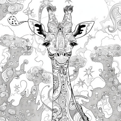Fantasy giraffe with magical elements and settings in the style of Mamoru Hosoda Coloring book page