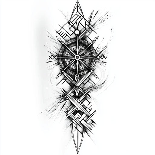 Flat tattoo sketch of viking sleeve with Vegvísir compass