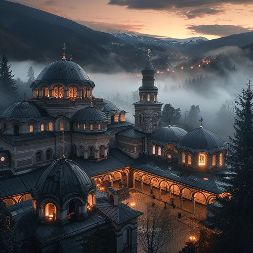 Rila Monastery with ethereal morning fog
