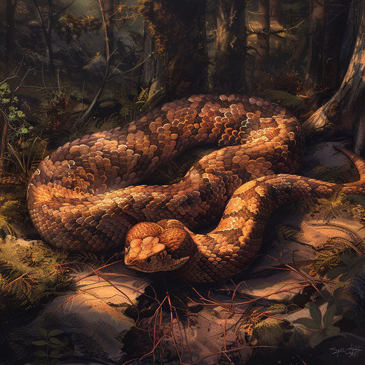 Copperhead snake coiled on forest floor