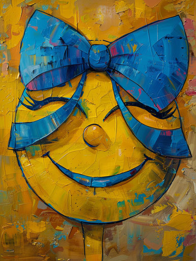 Smiling face with blue bow of an emotion, frequent yellow style