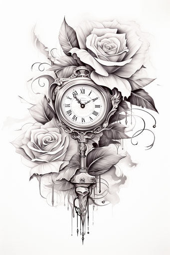 Black and white drawing with a clock, rose and feathers
