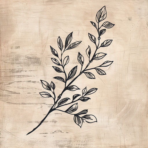Rustic flat tattoo sketch of a jagua branch over an old woodcut texture background