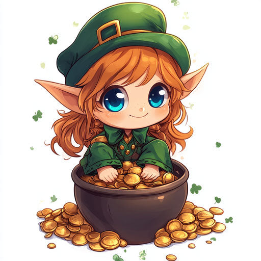 Cute leprechaun on pot of gold, white background, chibi style