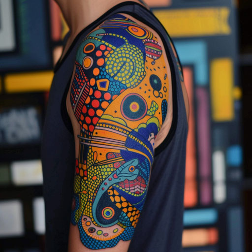 Half sleeve tattoo for men in the style of Guy Aitchison with vibrant, abstract patterns