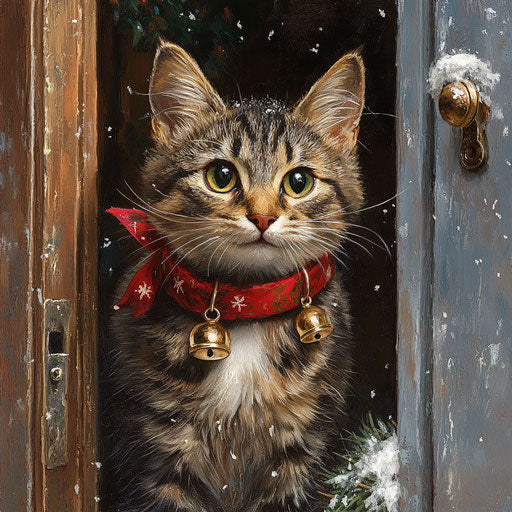 A cat waits patiently by the door in a festive collar
