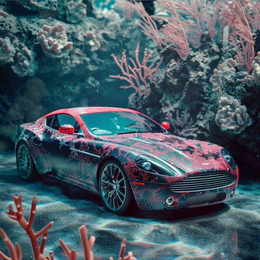 Underwater-themed Aston Martin DB7 Zagato with coral and fish decals next to a coral reef