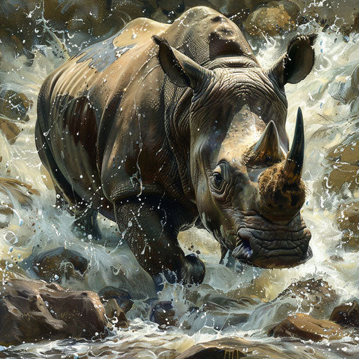 West African black rhinoceros crossing a shallow stream with sparkling water, surrounded by rocks