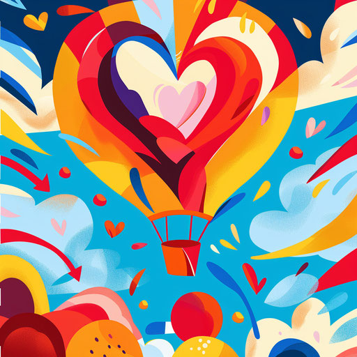 Heart-shaped hot air balloon in colorful sky