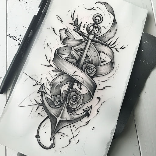 Nautical ribbon tattoo sketch with anchors and compass roses