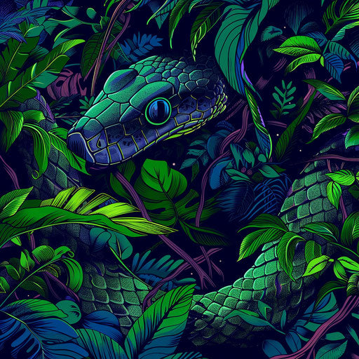 Vibrant sketch of a black mamba in a tropical jungle