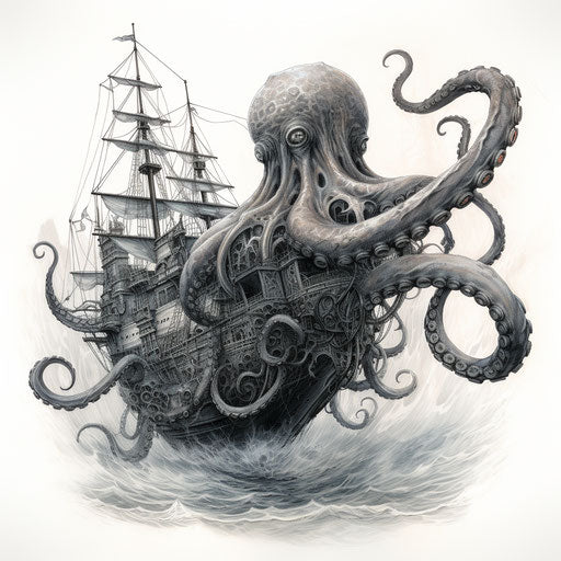 Flying octopus from boat, tentacles hang, monochrome ink style, detailed sails, cybermysticsteampunk, mark arian, ephraim moses lilien, sketch