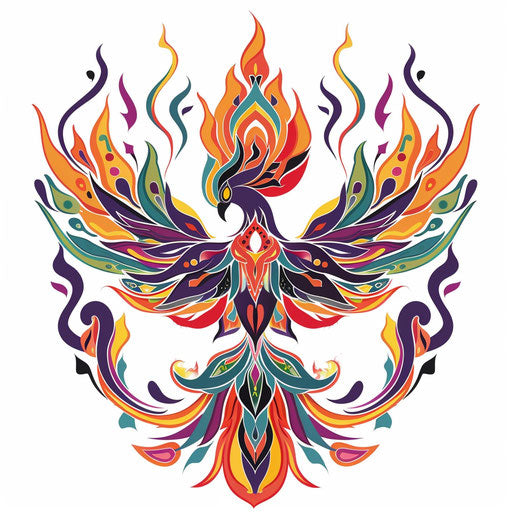 Vivid flat tattoo sketch for a Sak Yant with a phoenix rising from flames in a colorful clipart style