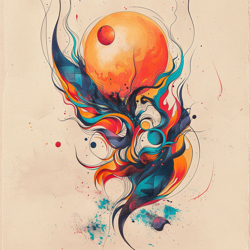 Contemporary tattoo sketch of a rising sun with abstract and fluid shapes in bright colors