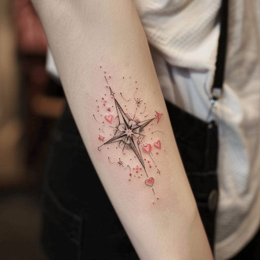 Romantic flat tattoo sketch of the North Star with heart-shaped patterns and soft pink hues