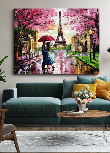 Romantic painting of Paris with the Eiffel Tower in the background, a couple kissing under an umbrella on a street with pink trees and green grass on the sides, in the style of modern art, canvas print wall hanging for home decor