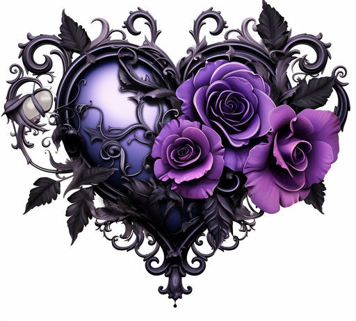 Heart ornament with purple rose, violet and black style