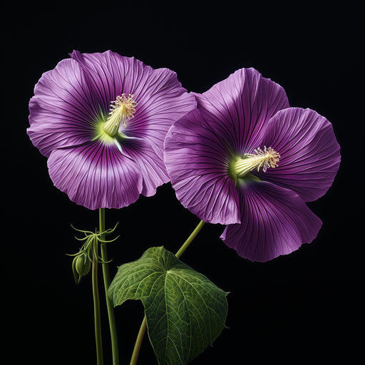 Two purple flowers on a green base with delicate markings