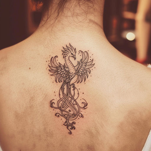 Bold tattoo sketch of a phoenix rising from flames in a magical display