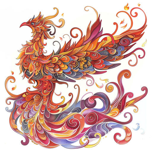 Cartoonish phoenix emerging from flames