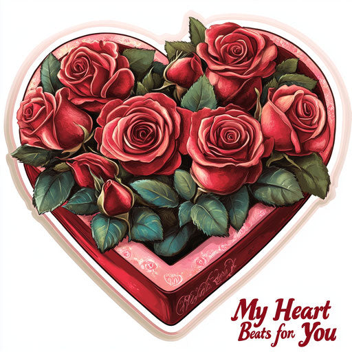 Heart-shaped box filled with roses, Thomas Kinkade-style clipart, 'My Heart Beats for You' text on white background, sticker design