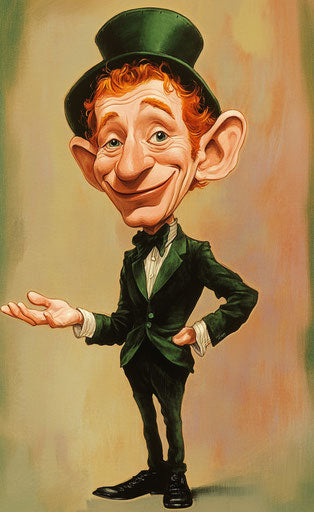 Caricature of a smiling leprechaun in traditional green attire