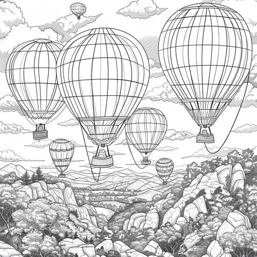 Hot air balloons over scenic landscape, detailed illustration