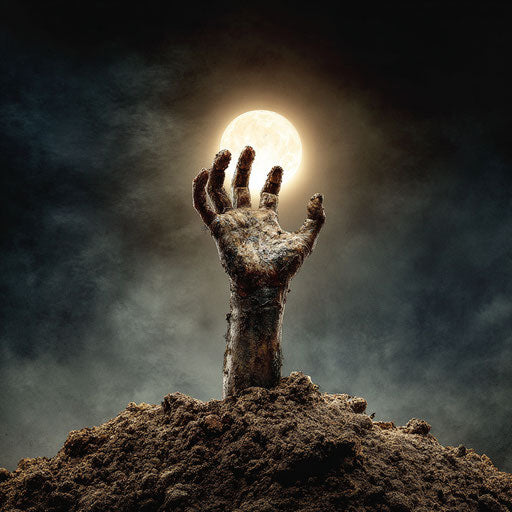 Ghoulish hand rising from a grave under the moonlight