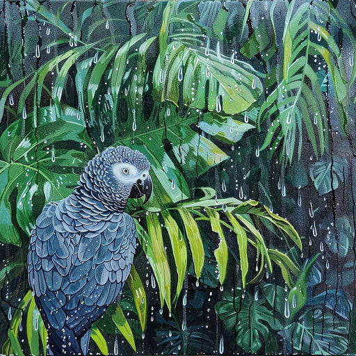 African grey parrot blending in with greenery under gentle rain