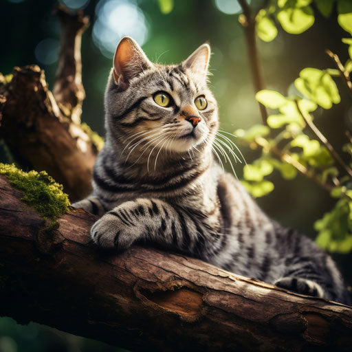 An American cat lying on a tree branch
