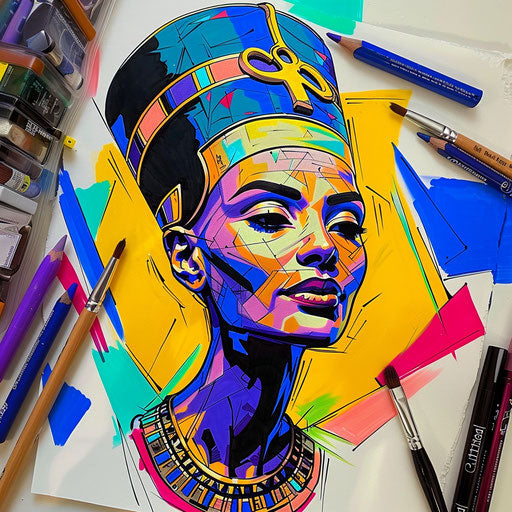 Flat, vibrant tattoo sketch of Nefertiti in a palette of rich jewel tones