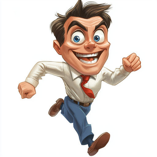 Humorous caricature of a tailor with exaggerated human characteristics and vibrant colors