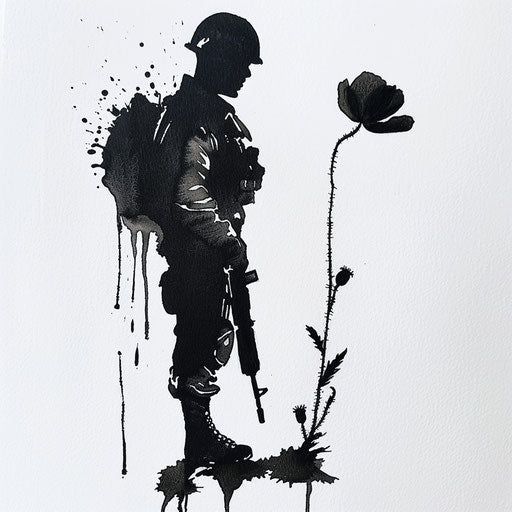 Soldier silhouette with poppy on white background