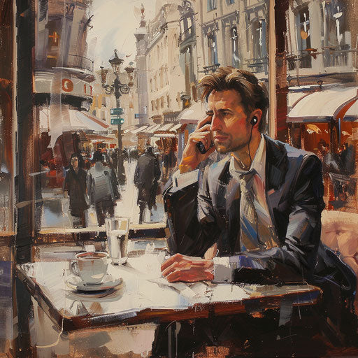 Businessman on phone in bustling café