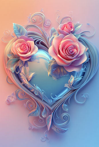 3D vector heart with roses and swirls, digital art style, pastel background