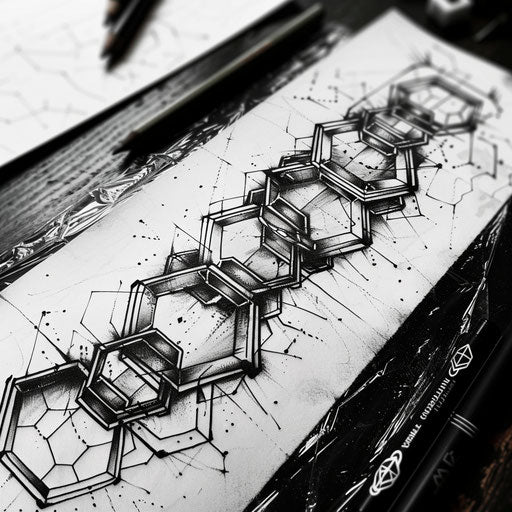 Bold and dark flat tattoo sketch with interlocking hexagons in a chain-like design